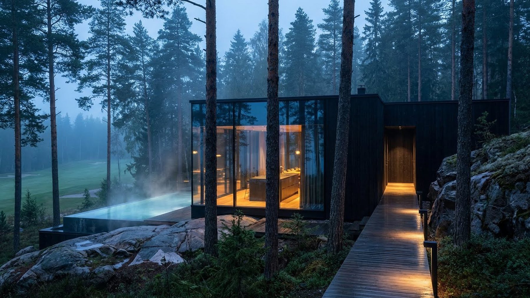 Blackened timber villa at dusk, lit from within, with a heated pool cut into the rock