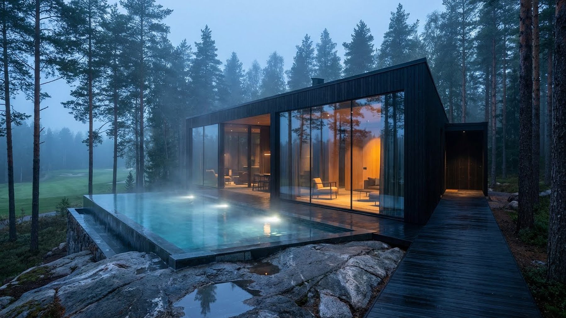 The same villa seen along the boardwalk, mist rising off the water