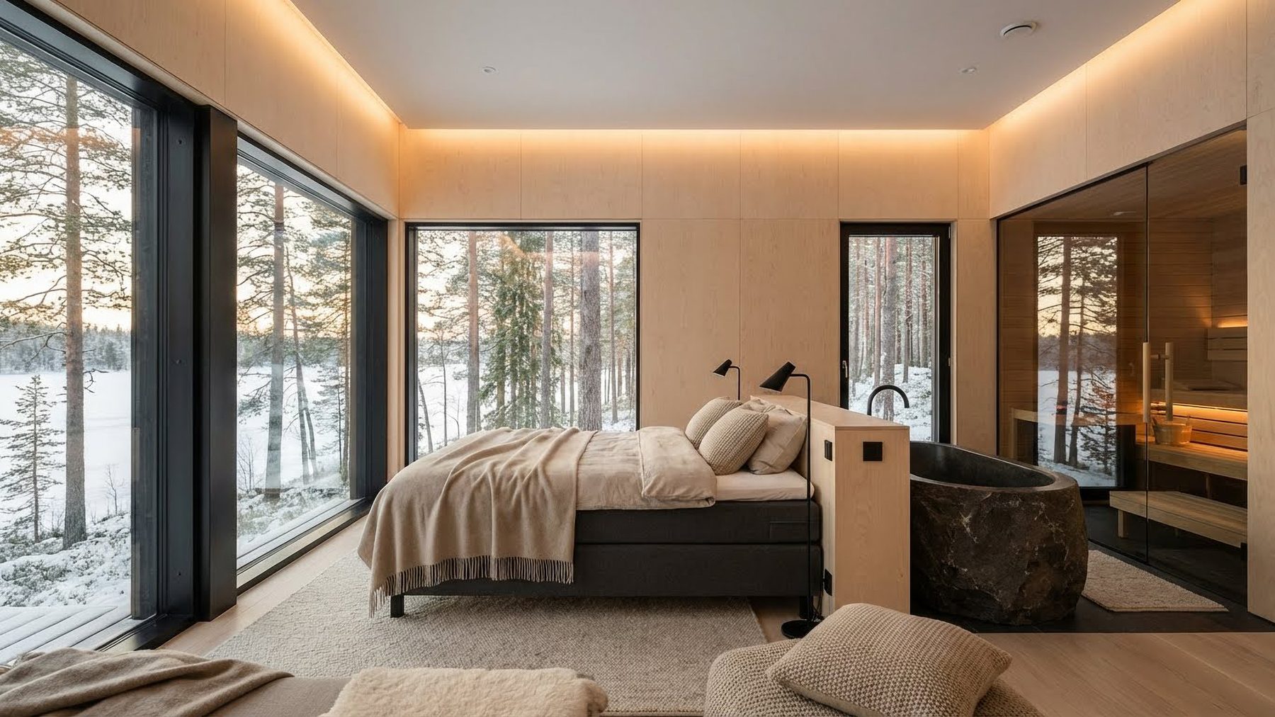 Villa bedroom in winter with a stone bath and a glazed sauna