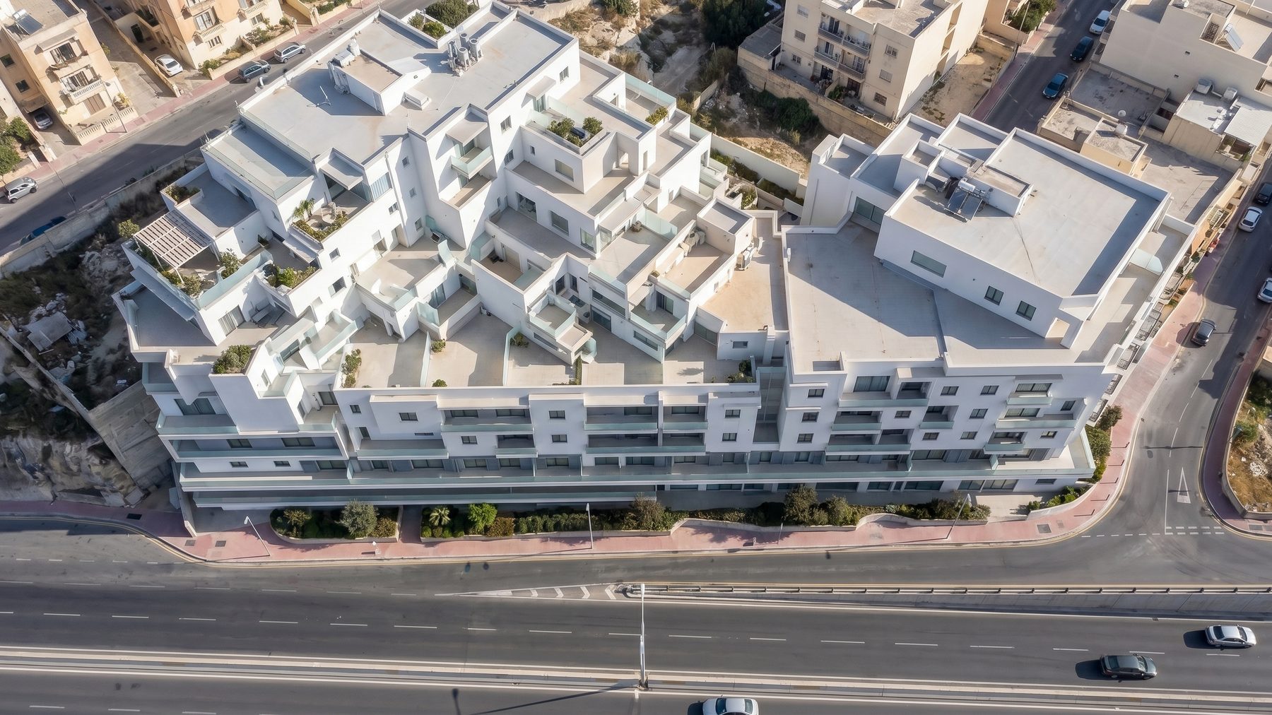 Aerial view of the completed development block and the streets around it