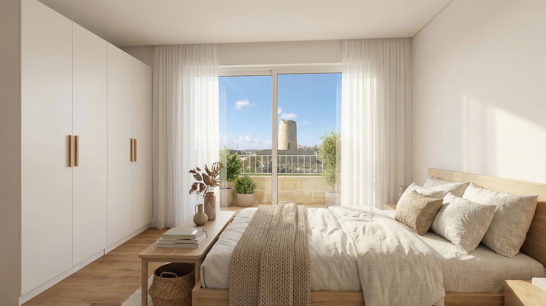 Bedroom with a sliding door onto a terrace and a historic stone tower beyond