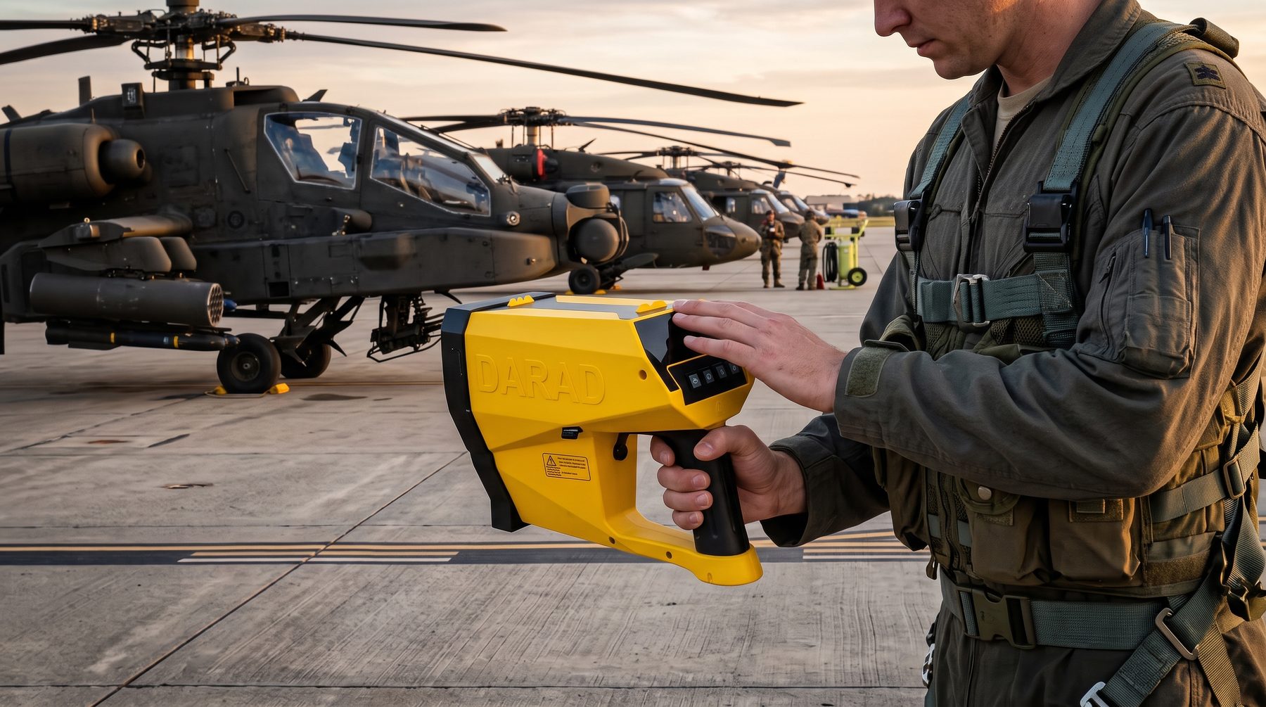 Yellow handheld DARAD detection device held on a military airfield