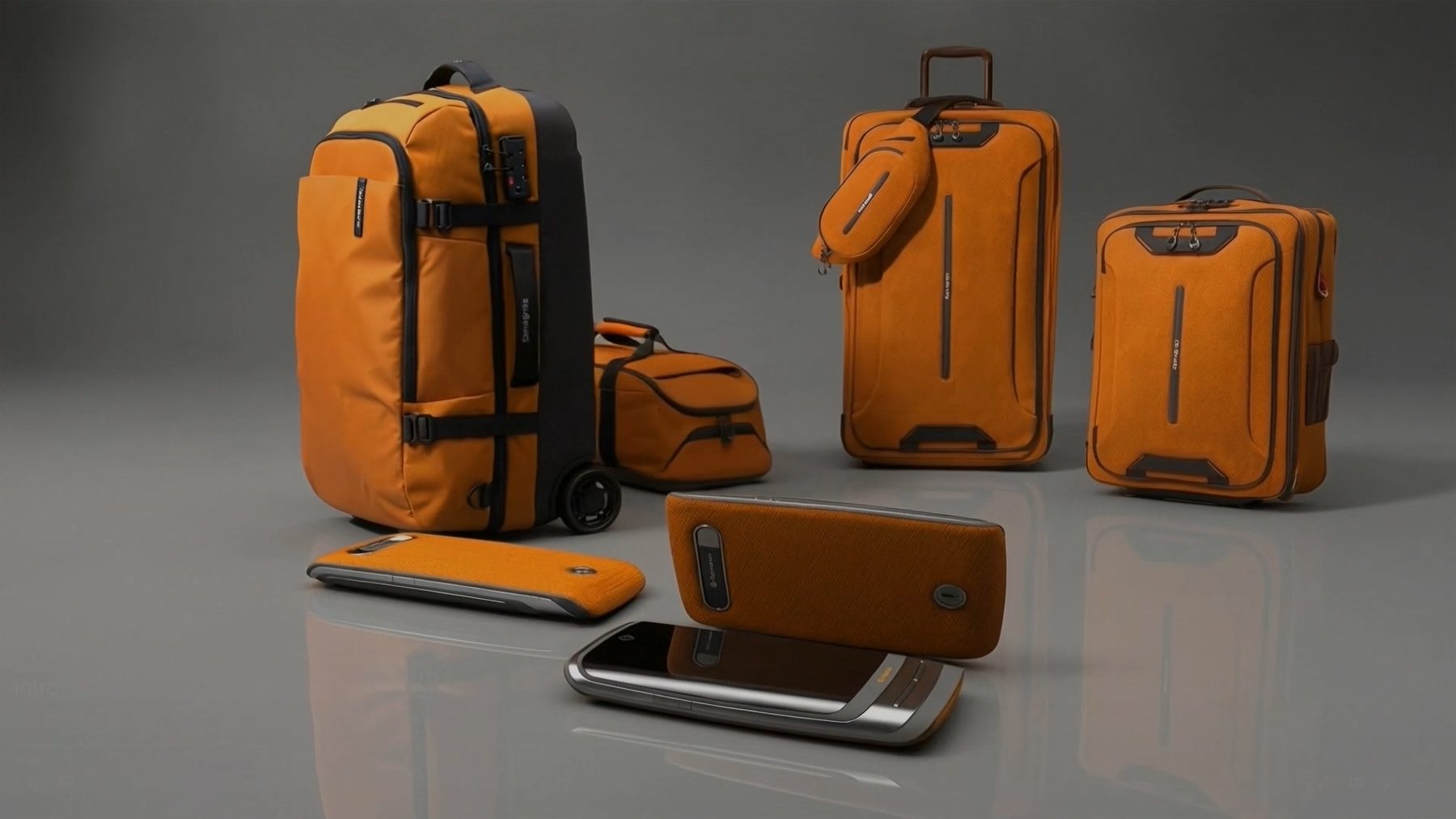 Orange travel luggage range rendered as a studio product family