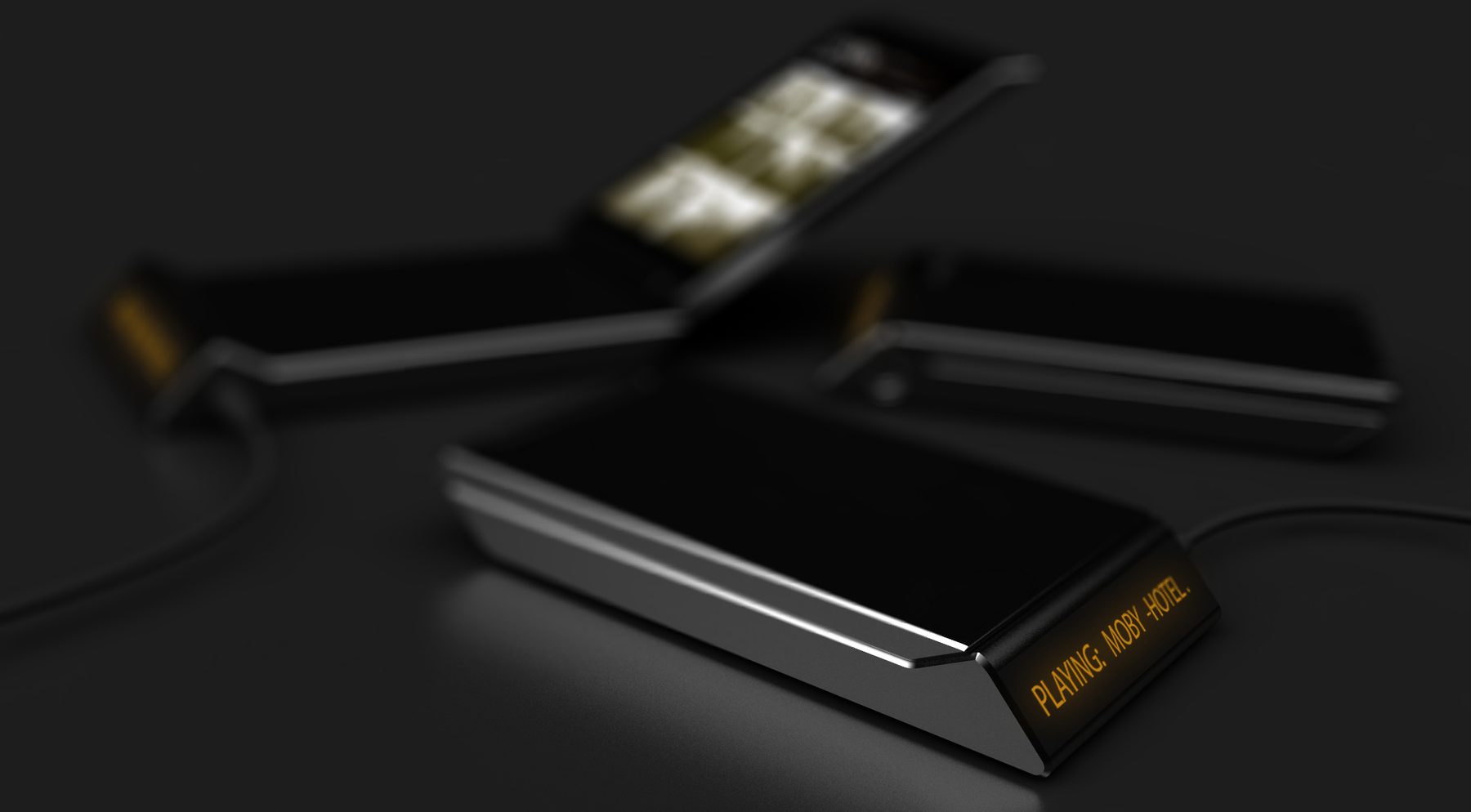 Dark concept render of a phone and docking station with amber display