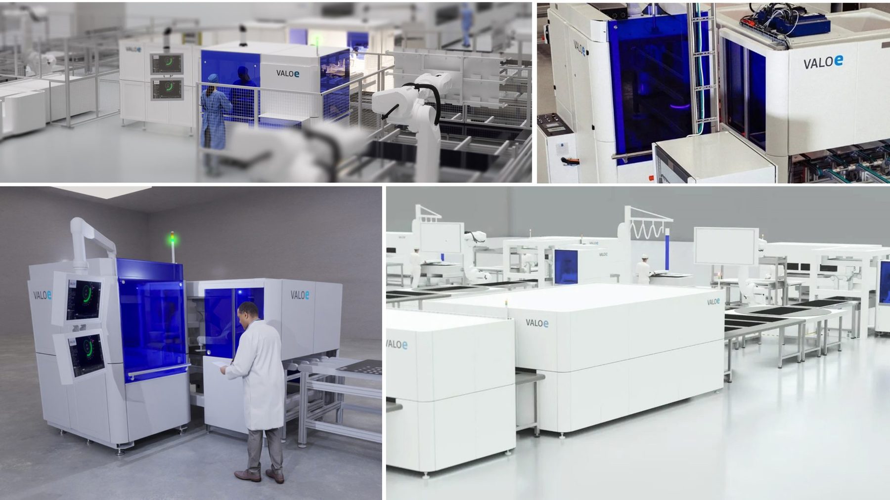 VALOe production line automation shown as CGI next to the built machine