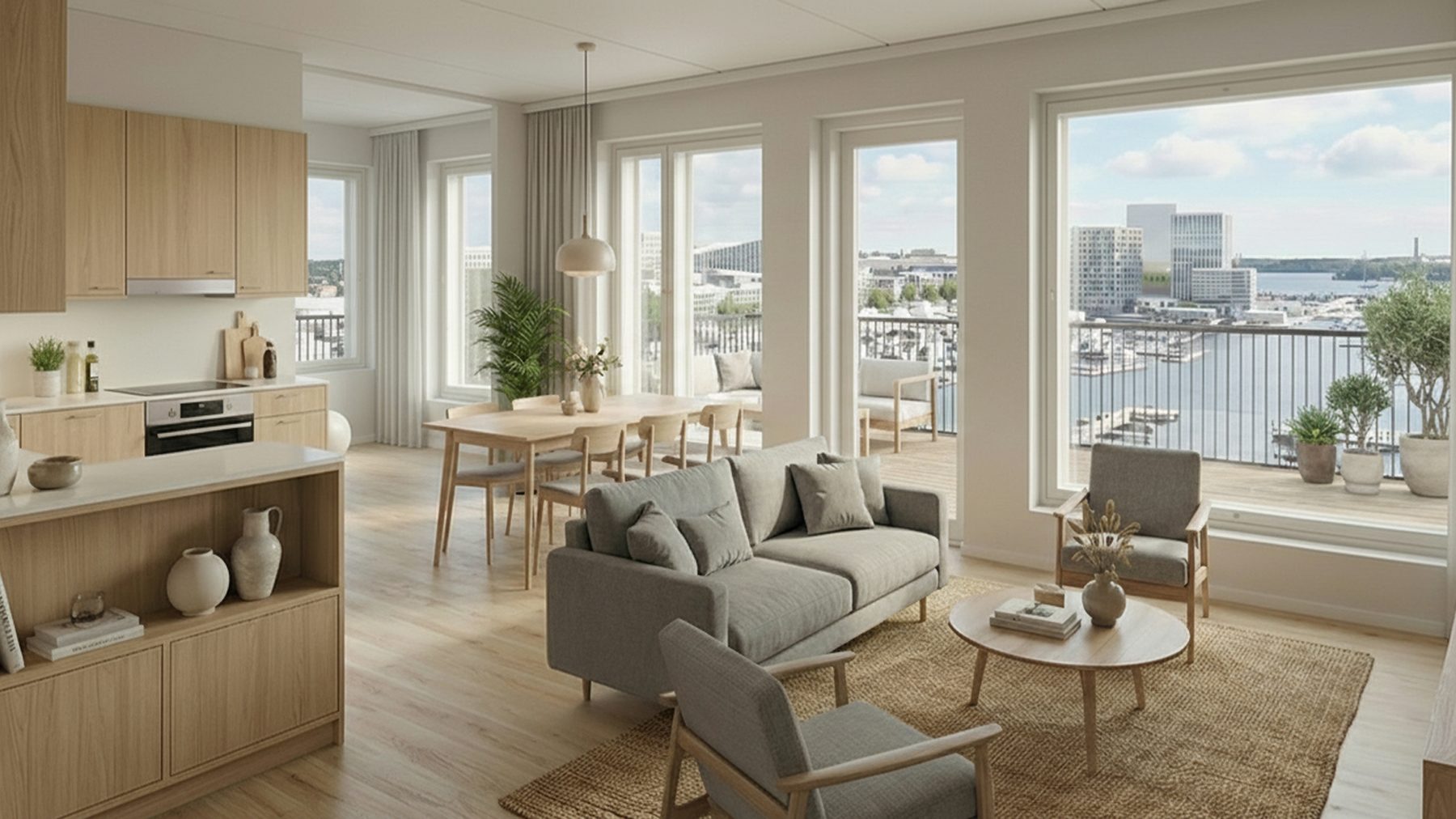 Open-plan living room and kitchen with a harbour view