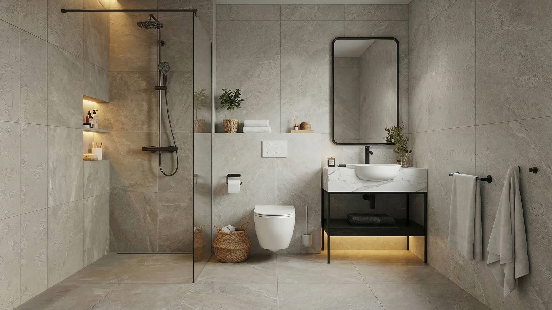 Stone-tiled bathroom with a walk-in shower