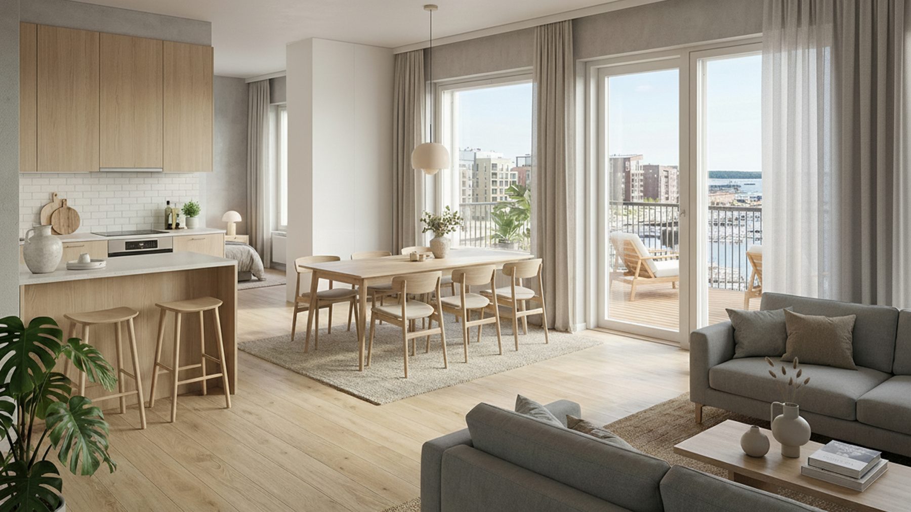 Nordic living room with a dining setting and sea view