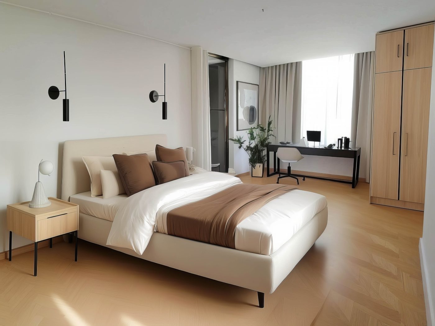 The same room finished as a calm bedroom in oak and cream