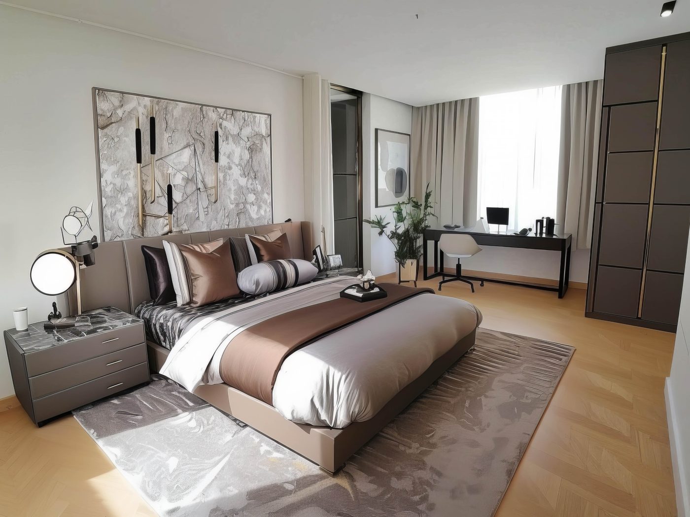 The same room finished with a panelled headboard and darker palette