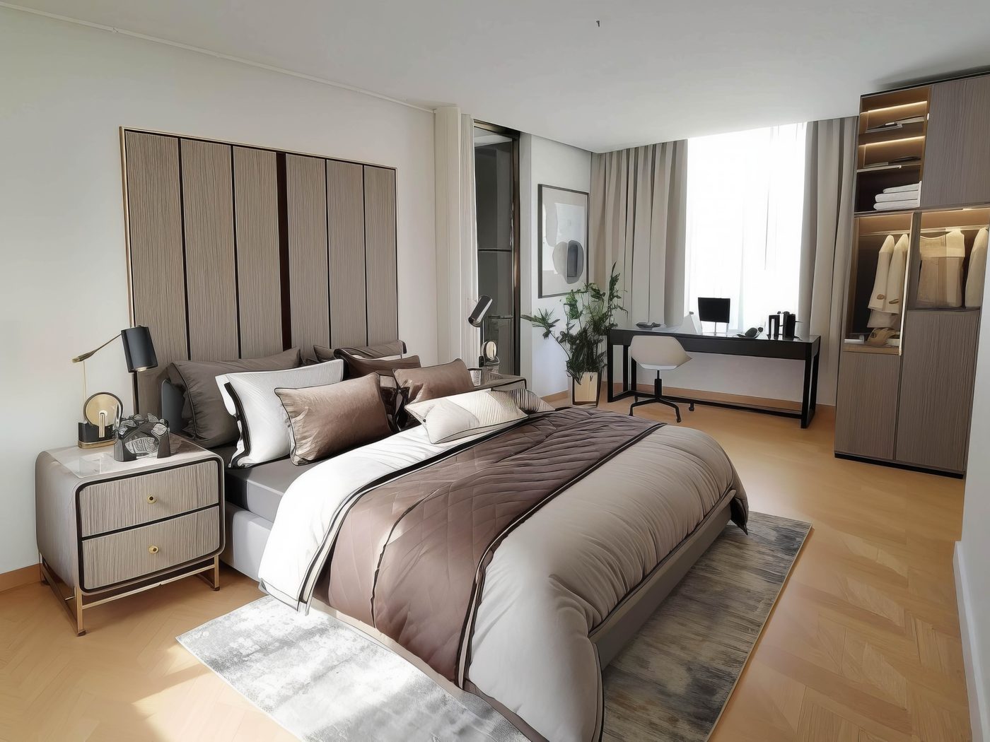 The same room finished as a hotel-style suite in taupe and brass
