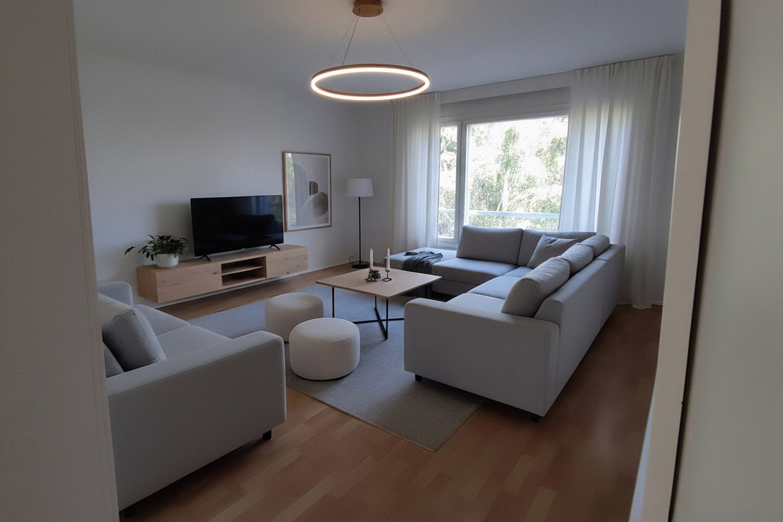 Living room after virtual staging, furnished and lit