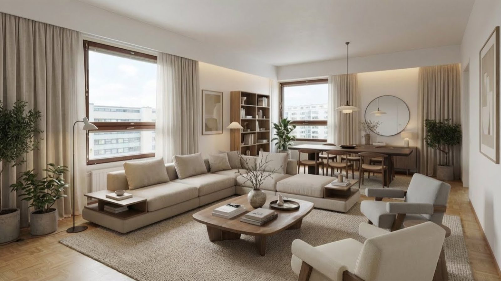 The same room staged in a warm, natural style