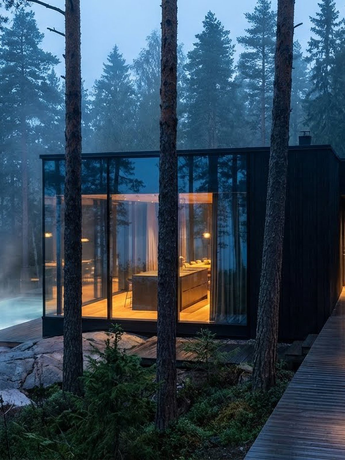 Photorealistic exterior visualisation of a residential tower at dusk